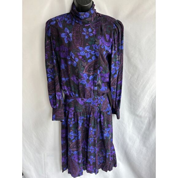 Vintage Patty ONeil Midi Dress 8 Dark Floral Paisley Purple High Neck Whimsigoth - Picture 1 of 14